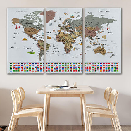 Harita Sepeti Türkçe Dünya Haritası Ayrıntılı Eğitici Sembollü Bayraklı Dekoratif Kanvas Tablo 2880