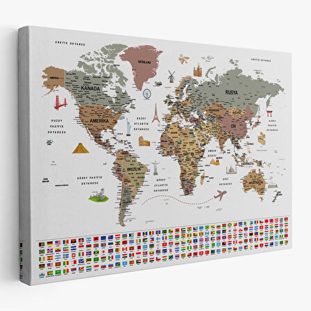 Harita Sepeti Türkçe Dünya Haritası Ayrıntılı Eğitici Sembollü Bayraklı Dekoratif Kanvas Tablo 2880