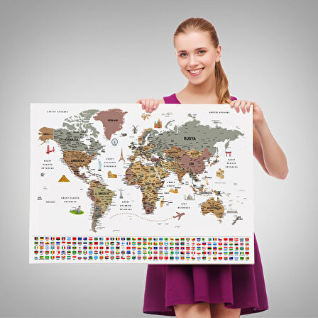 Harita Sepeti Türkçe Dünya Haritası Ayrıntılı Eğitici Sembollü Bayraklı Dekoratif Kanvas Tablo 2880