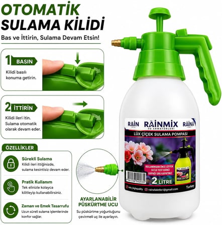 RAIN 2 Litre Basınçlı El Pompalı Püskürtücü, Ayarlanabilir Uçlu Otomatik Sulama Spreyi, Çiçek, Bahçe, Araç ve Cam Temizliği İçin Çok Amaçlı Pompa