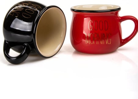 Mukko Home 2'Li Emaye Görünümlü Porselen Kupa Seti Good Morning Gold Yazılı 150 Ml,Kırmızı &amp; Siyah