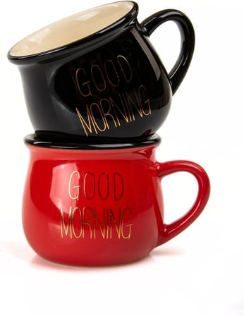 Mukko Home 2'Li Emaye Görünümlü Porselen Kupa Seti Good Morning Gold Yazılı 150 Ml,Kırmızı &amp; Siyah