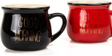 Mukko Home 2'Li Emaye Görünümlü Porselen Kupa Seti Good Morning Gold Yazılı 150 Ml,Kırmızı &amp; Siyah