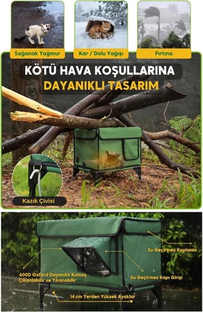 Dış Mekan Kedi Evi, Isı Yalıtımlı, Su Geçirmez, Rüzgar Geçirmez, Yeşil, 52x32x30 cm