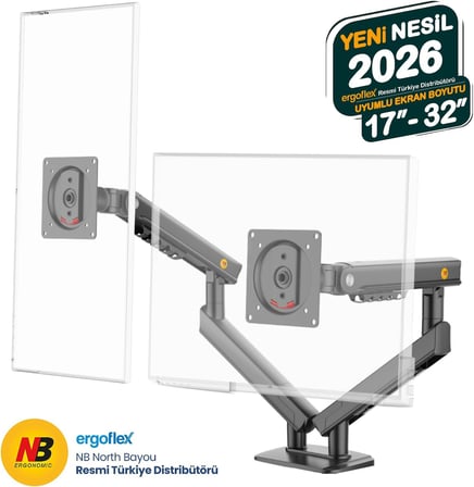 North Bayou NB A5C Ergonomic 17-32 inch Çift Kol 2-9 kg Kapasiteli Yeni Nesil Profosyonel Monitör Standı (Siyah)
