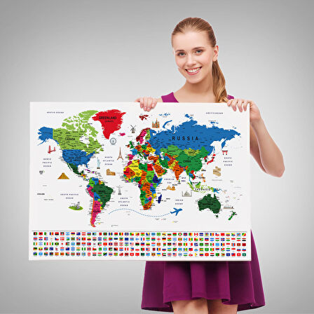 Harita Sepeti Dünya Haritası Ayrıntılı Eğitici Sembollü Bayraklı Dekoratif Kanvas Tablo 2881