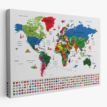 Harita Sepeti Dünya Haritası Ayrıntılı Eğitici Sembollü Bayraklı Dekoratif Kanvas Tablo 2881