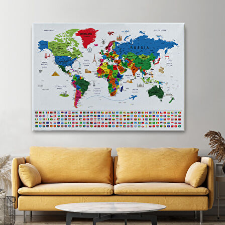 Harita Sepeti Dünya Haritası Ayrıntılı Eğitici Sembollü Bayraklı Dekoratif Kanvas Tablo 2881