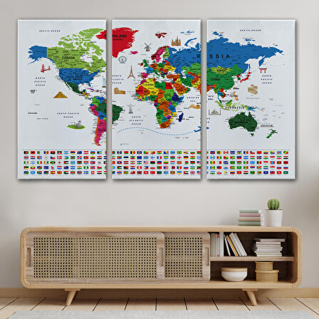 Harita Sepeti Dünya Haritası Ayrıntılı Eğitici Sembollü Bayraklı Dekoratif Kanvas Tablo 2881