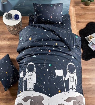Çarşafı Lastikli Doğal Sağlıklı Pamuk Astronot Uzaylı Çocuk Nevresim Takımı Tek Kişilik, Lacivert