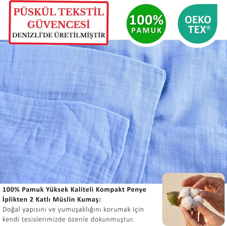 Puskul 2 Adet Muslin Yastik Kilifi Seti, 100% Pamuk Ultra Yumusak 2 Katli Muslin Kumas Yastik Kiliflari, Havadar Nem Emici Terletmeyen Yastik Kilifi (Acik Mavi, 50X70 Cm 2'Li Yastik Kilifi Seti)