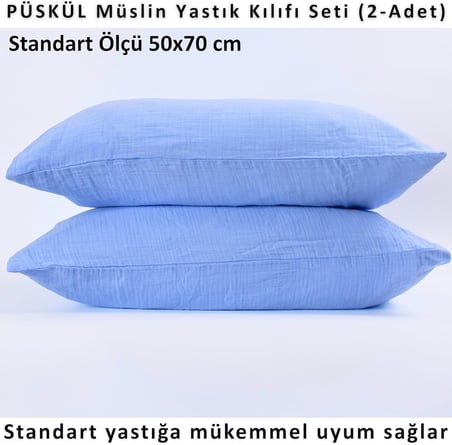 Puskul 2 Adet Muslin Yastik Kilifi Seti, 100% Pamuk Ultra Yumusak 2 Katli Muslin Kumas Yastik Kiliflari, Havadar Nem Emici Terletmeyen Yastik Kilifi (Acik Mavi, 50X70 Cm 2'Li Yastik Kilifi Seti)