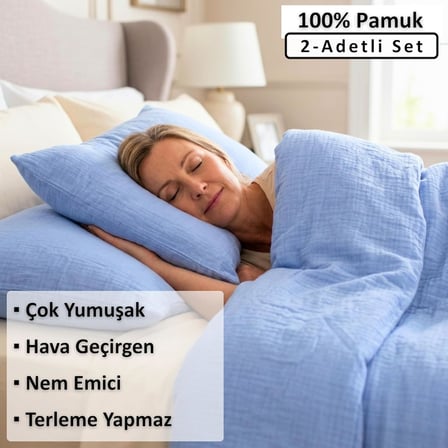 Puskul 2 Adet Muslin Yastik Kilifi Seti, 100% Pamuk Ultra Yumusak 2 Katli Muslin Kumas Yastik Kiliflari, Havadar Nem Emici Terletmeyen Yastik Kilifi (Acik Mavi, 50X70 Cm 2'Li Yastik Kilifi Seti)
