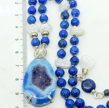 2883 Druzeli dilim Akik Lapislazuli Necef Hematit çelik aparatlı el yapımı kolye