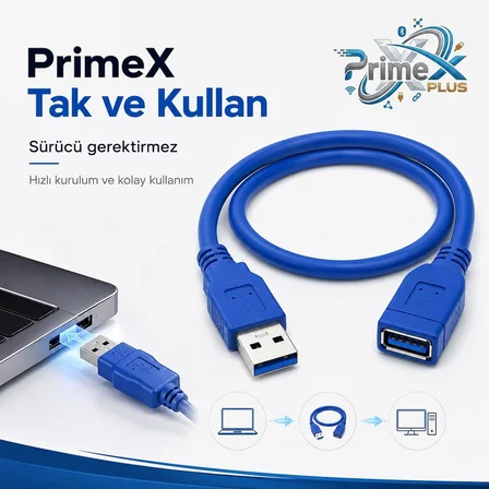 PrimeX PX-1710 10 Metre USB 3.0 Uzatma Kablosu, USB Erkek Dişi Ek Kablosu, Mavi USB A Male to Female Extension Cable