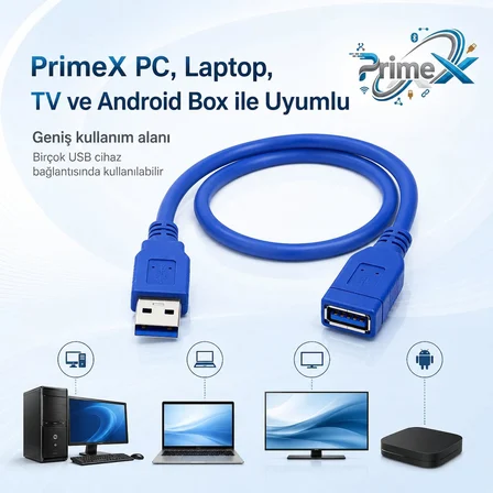 PrimeX PX-1710 10 Metre USB 3.0 Uzatma Kablosu, USB Erkek Dişi Ek Kablosu, Mavi USB A Male to Female Extension Cable