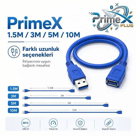 PrimeX PX-1710 10 Metre USB 3.0 Uzatma Kablosu, USB Erkek Dişi Ek Kablosu, Mavi USB A Male to Female Extension Cable