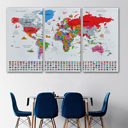 Harita Sepeti Türkçe Dünya Haritası Ayrıntılı Eğitici Sembollü Bayraklı Dekoratif Kanvas Tablo 2884