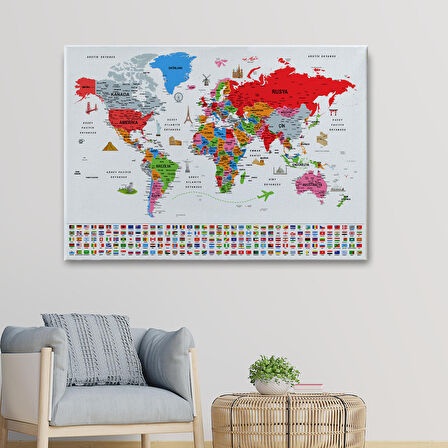 Harita Sepeti Türkçe Dünya Haritası Ayrıntılı Eğitici Sembollü Bayraklı Dekoratif Kanvas Tablo 2884