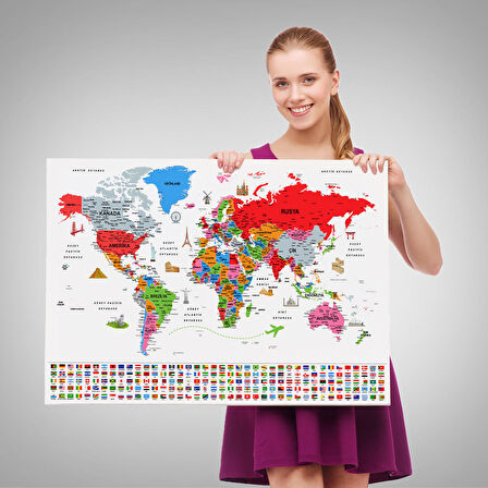 Harita Sepeti Türkçe Dünya Haritası Ayrıntılı Eğitici Sembollü Bayraklı Dekoratif Kanvas Tablo 2884