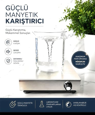 Laboratuvar Manyetik Karıştırıcı, 3000 RPM, 4L Kapasite, Paslanmaz Çelik, 180x180x45mm