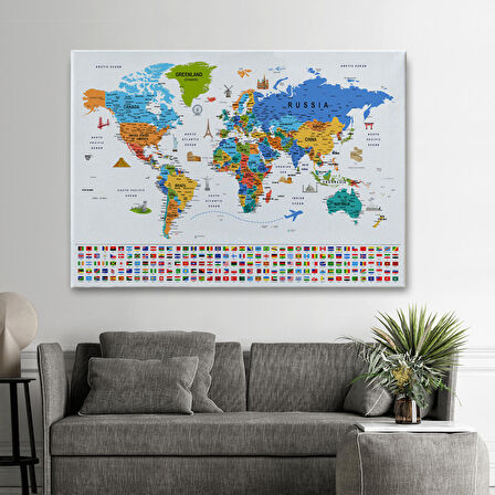 Harita Sepeti Dünya Haritası Ayrıntılı Eğitici Sembollü Bayraklı Dekoratif Kanvas Tablo 2885