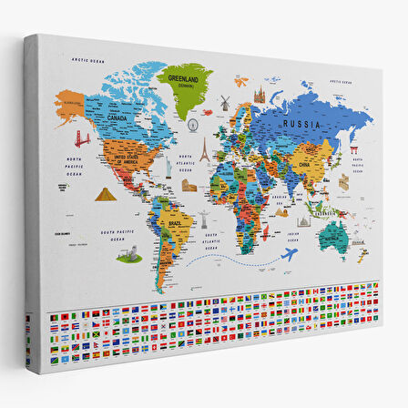 Harita Sepeti Dünya Haritası Ayrıntılı Eğitici Sembollü Bayraklı Dekoratif Kanvas Tablo 2885