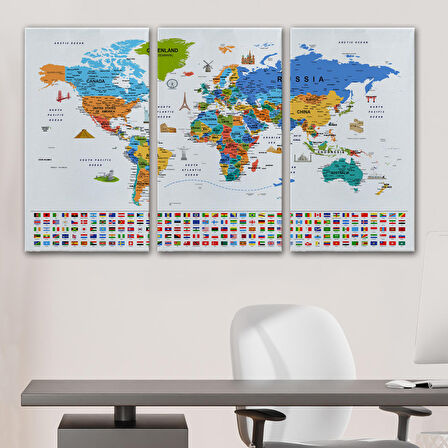 Harita Sepeti Dünya Haritası Ayrıntılı Eğitici Sembollü Bayraklı Dekoratif Kanvas Tablo 2885