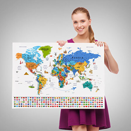 Harita Sepeti Dünya Haritası Ayrıntılı Eğitici Sembollü Bayraklı Dekoratif Kanvas Tablo 2885