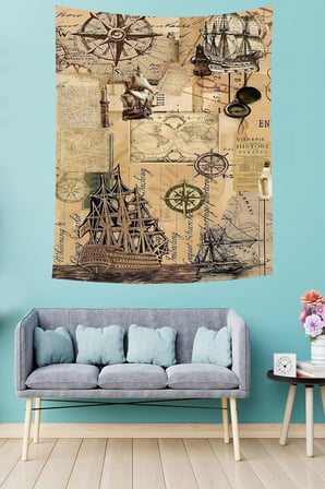 Denizci Temalı Pusula Gemi Desenli Leke Tutmaz Kumaş Duvar Örtüsü Duvar Halısı Tapestry PNTR545, 140 x 230