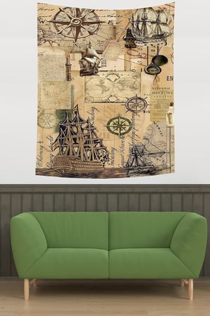 Denizci Temalı Pusula Gemi Desenli Leke Tutmaz Kumaş Duvar Örtüsü Duvar Halısı Tapestry PNTR545, 140 x 230