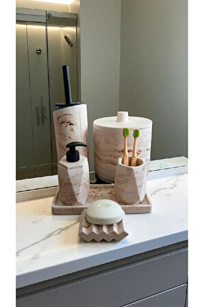 Mermer Desen Bej Çöp Kovasi,banyo Seti Tuvalet Wc Sıvı Sabunluk Diş Fırçalığı Beton Aksesuar Takım