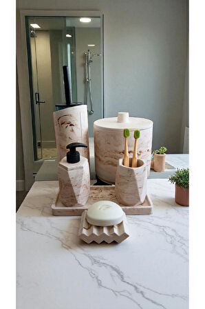 Mermer Desen Bej Çöp Kovasi,banyo Seti Tuvalet Wc Sıvı Sabunluk Diş Fırçalığı Beton Aksesuar Takım