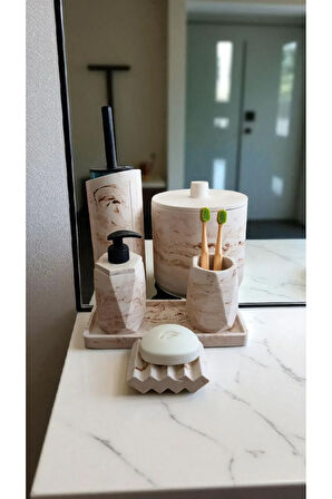 Mermer Desen Bej Çöp Kovasi,banyo Seti Tuvalet Wc Sıvı Sabunluk Diş Fırçalığı Beton Aksesuar Takım