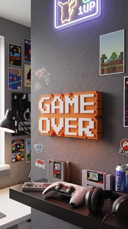 Retro "Game Over" 8-Bit Kabartmalı Dekoratif Obje - Masaüstü ve Duvar Süsü - Oyuncu Odası Dekorasyonu, Gaming Setup Aksesuarı, Gamer Hediyesi (Turuncu-Beyaz)