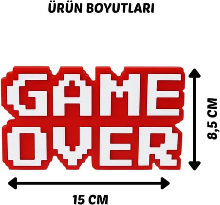 Retro "Game Over" 8-Bit Kabartmalı Dekoratif Obje - Masaüstü ve Duvar Süsü - Oyuncu Odası Dekorasyonu, Gaming Setup Aksesuarı, Gamer Hediyesi (Turuncu-Beyaz)