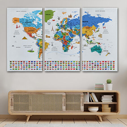 Harita Sepeti Türkçe Dünya Haritası Ayrıntılı Eğitici Sembollü Bayraklı Dekoratif Kanvas Tablo 2886