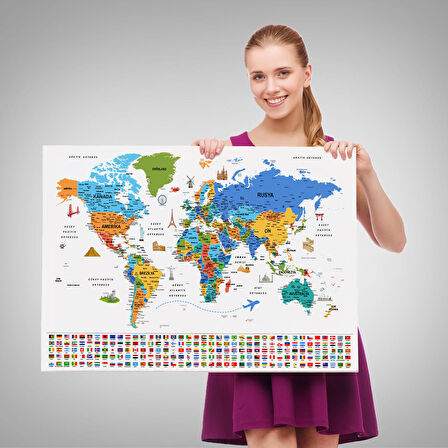 Harita Sepeti Türkçe Dünya Haritası Ayrıntılı Eğitici Sembollü Bayraklı Dekoratif Kanvas Tablo 2886