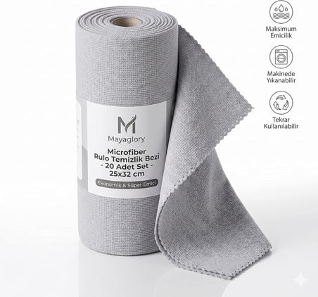 20’li Rulo Mikrofiber Temizlik Bezi - 25x32 cm Süper Emici Yıkanabilir Kurulama Bezi - Mutfak, Cam ve Araç İçin Çok Amaçlı Sihirli Bez