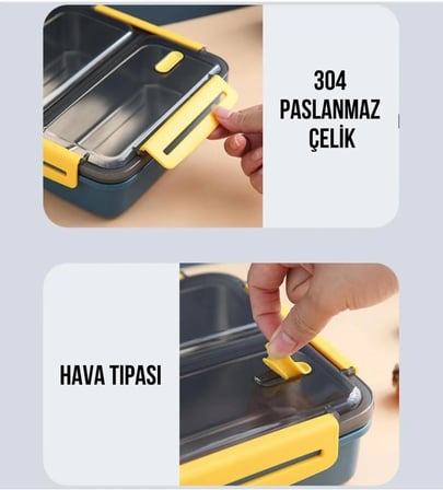 Vagonlife Bento 950ml Lunchbox Tek Katlı 3 Bölmeli Çelik Sefer Tası Yemek Kutusu (Lacivert-Sarı)