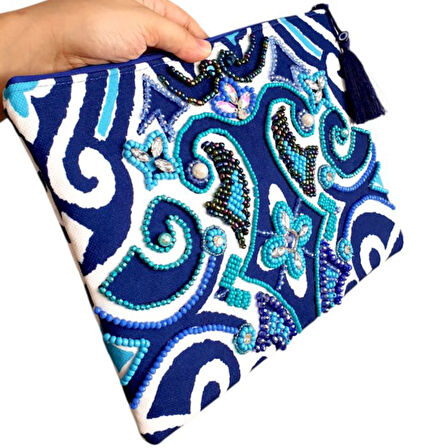 Uretti - Sümeyya 2589 5245 El Yapımı Mavi Renk Etnik Desenli Boncuk İşlemeli Clutch Çanta