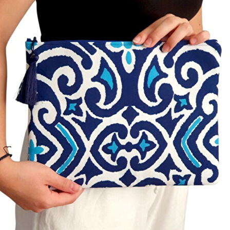 Uretti - Sümeyya 2589 5245 El Yapımı Mavi Renk Etnik Desenli Boncuk İşlemeli Clutch Çanta