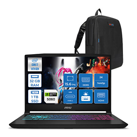 Msı Katana 15 Hx B14WFK-449XTR 14. Nesil Intel İ7-14650HX 32GB Ddr5 1tb SSD 8GB/RTX5060 115W 15.6" Qhd 2560X1440 165Hz IPS Freedos Taşınabilir Bilgisayar. W449XTRF08+ZETTAÇANTA