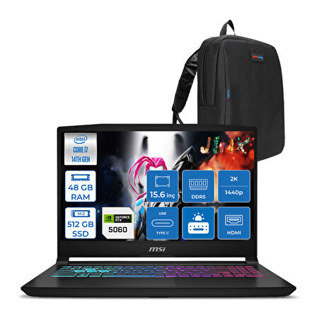Msı Katana 15 Hx B14WFK-449XTR 14. Nesil Intel İ7-14650HX 48GB Ddr5 512GB SSD 8GB/RTX5060 115W 15.6" Qhd 2560X1440 165Hz IPS Freedos Taşınabilir Bilgisayar. W449XTRF12+ZETTAÇANTA