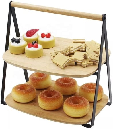 2 Katlı Dikdörtgen Bambu Servis Sunum Seti Büyük Boy, Kuru Pasta, Kurabiye ve Kek Sunumları İçin Büyük Boy (34cm-26.5cm-16cm)
