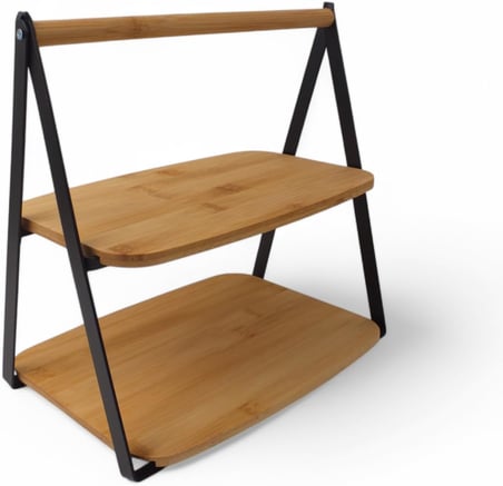 2 Katlı Dikdörtgen Bambu Servis Sunum Seti Büyük Boy, Kuru Pasta, Kurabiye ve Kek Sunumları İçin Büyük Boy (34cm-26.5cm-16cm)
