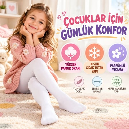 Biçomi Kız Çocuk 3'lü Beyaz Külotlu Okul Çorabı – Yüksek Pamuklu, Kışlık Sıcak Tutan, Esnek ve Parfümlü Yumuşak Doku