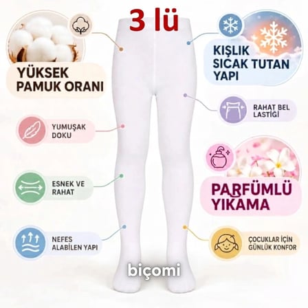 Biçomi Kız Çocuk 3'lü Beyaz Külotlu Okul Çorabı – Yüksek Pamuklu, Kışlık Sıcak Tutan, Esnek ve Parfümlü Yumuşak Doku