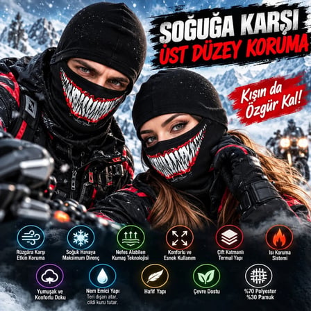 Rüzgâr Geçirmez Kask İçi Nefes Alan Viskoz Tam Yüz Balaklava & Termal Boyunluk(unisex)