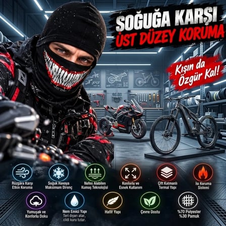 Rüzgâr Geçirmez Kask İçi Nefes Alan Viskoz Tam Yüz Balaklava & Termal Boyunluk(unisex)